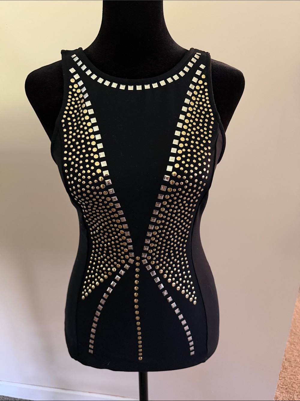 bebe Black Tank Top with Gold & Silver Studs